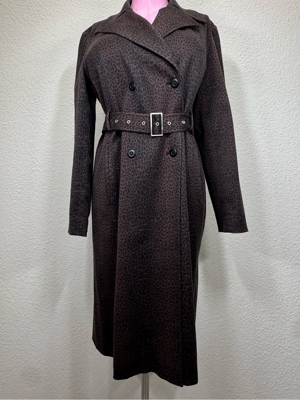 Classiques Entier Leopard Print Trench Coat M Long Belted Double Breasted